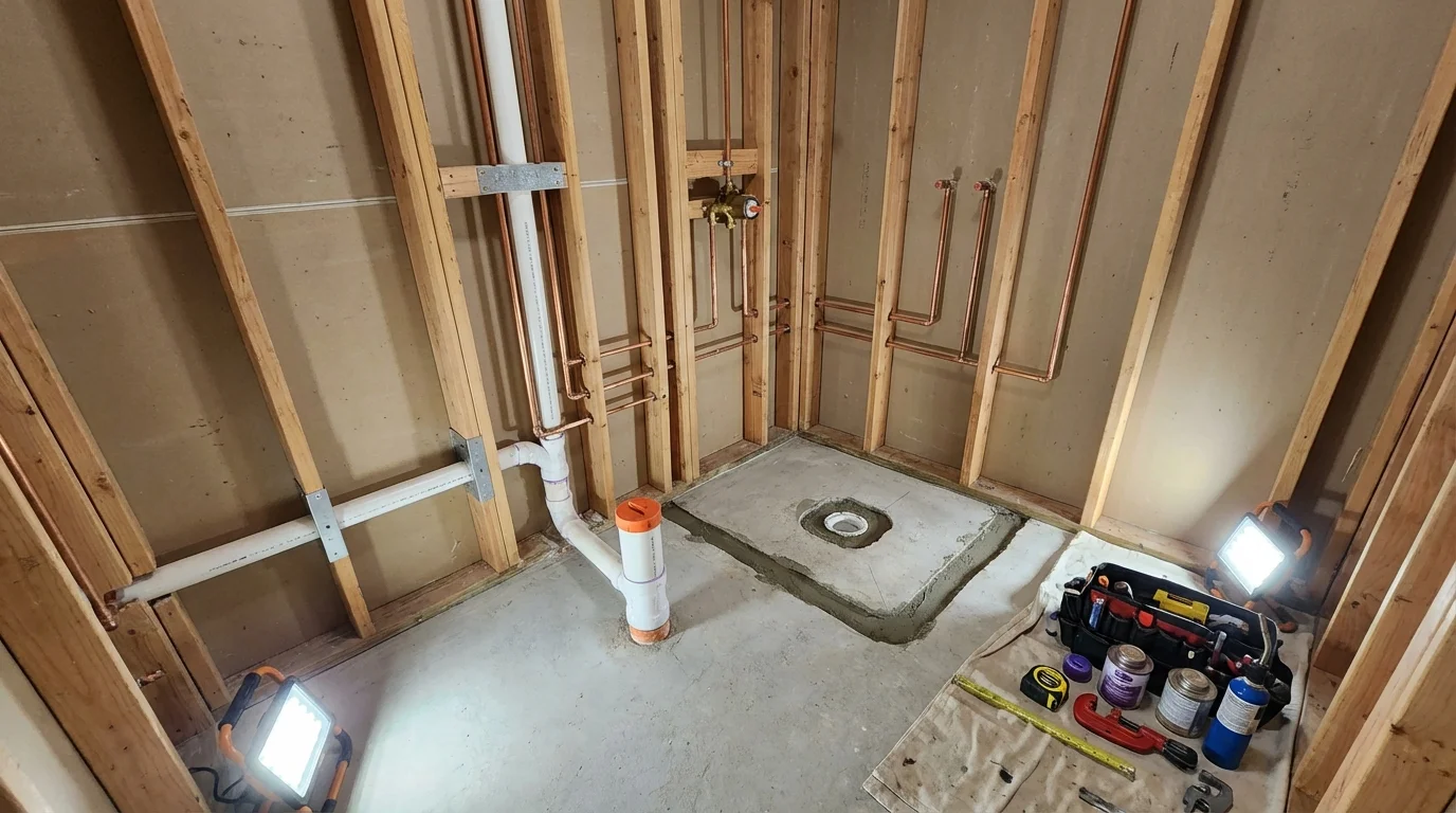 Bathroom rough-in plumbing during remodel by Johns Plumbing LLC in Bella Vista
