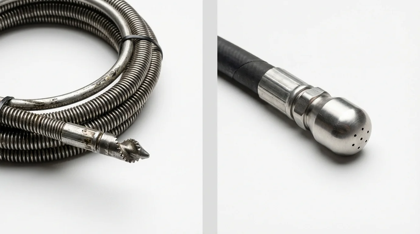 Drain snake cable and hydro jetting nozzle used for drain cleaning in Bella Vista, CA