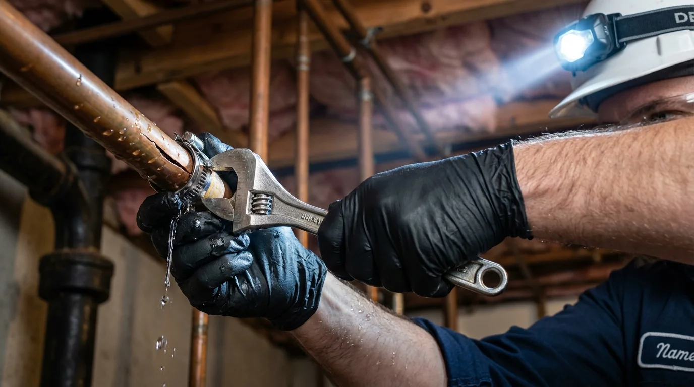 Emergency pipe clamp repair being performed by a Johns Plumbing LLC plumber in Bella Vista