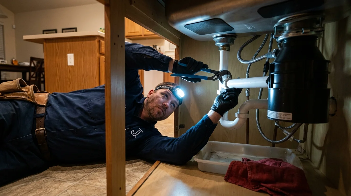 P-trap and supply line connections under a kitchen sink showing a common leak point in Bella Vista, CA